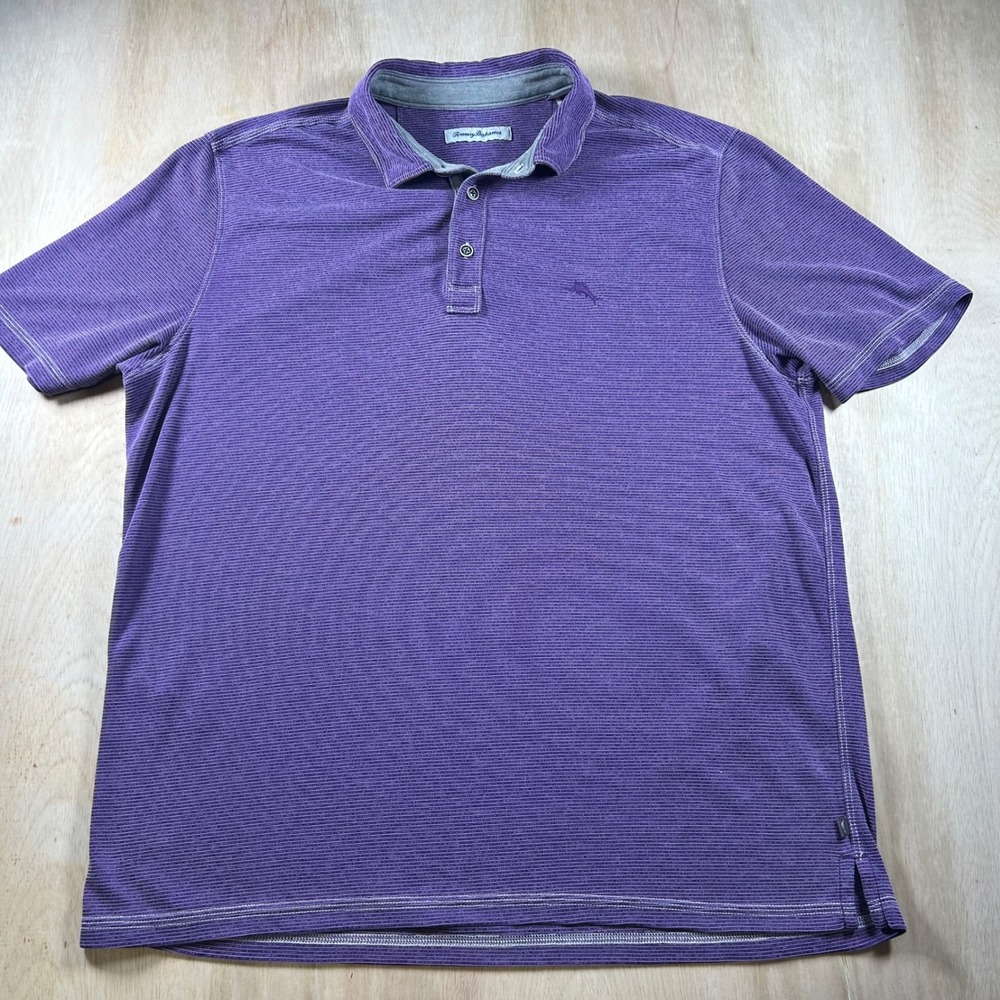 Tommy Bahama Mens Large Purple Striped Tencel Modal Blend Short Sleeve Polo